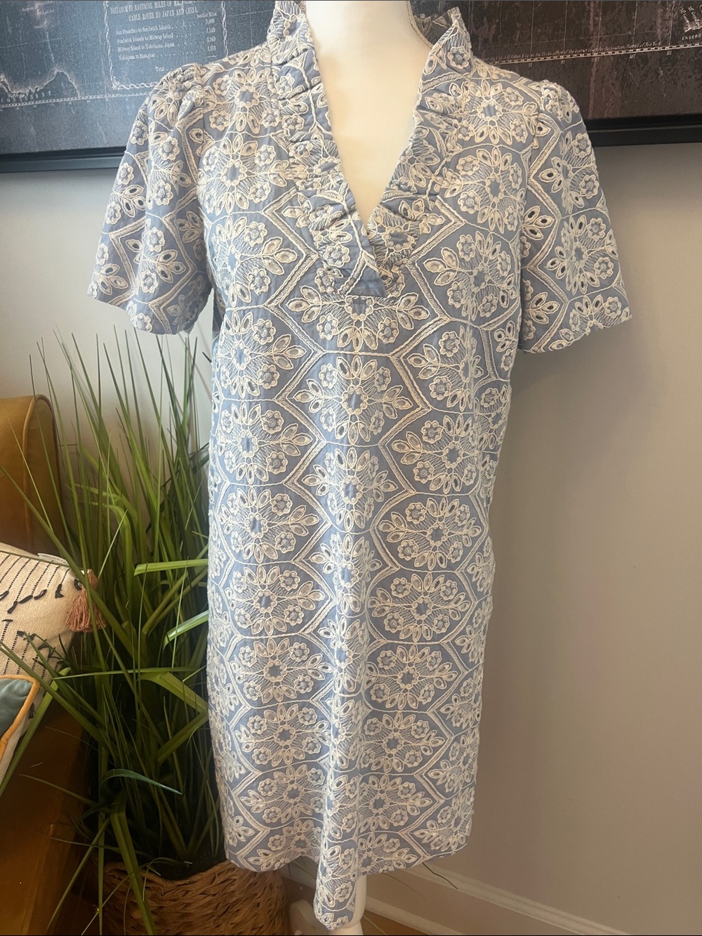 Light Blue Printed V-Neck Mini Dress